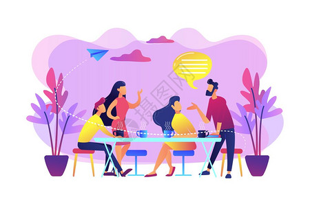 一群朋友坐在桌边聊天喝咖啡和茶小朋友会聚欢呼谊支持概念亮而有活力的紫罗兰矢量孤立插图朋友会聚概念矢量插图图片