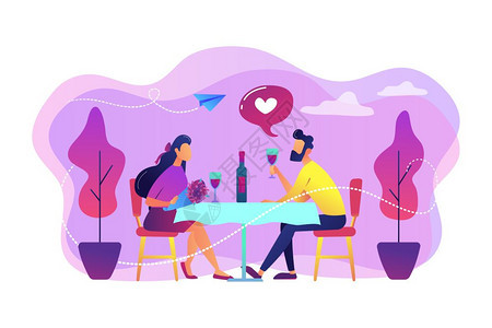 浪漫的情侣坐在桌边喝着葡萄酒很小的人浪漫约会关系爱情故事的概念充满活力的紫罗兰矢量孤立插图浪漫的约会概念矢量插图图片
