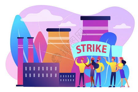 微小的工人群握着黑客在工厂为争取而斗罢工行动劳运罢雇员停概念活跃的紫外线矢量孤立说明罢工行动概念矢量说明图片