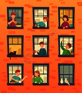 与邻居沟通的公寓内人物扁平风卡通矢量插画图片