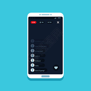 在线视频故事智能手机屏幕应用程序界面上流出互联网聊天评论生命流ui按钮设备矢量平板插图在线视频故事智能手机屏幕上流出聊天评论生命图片
