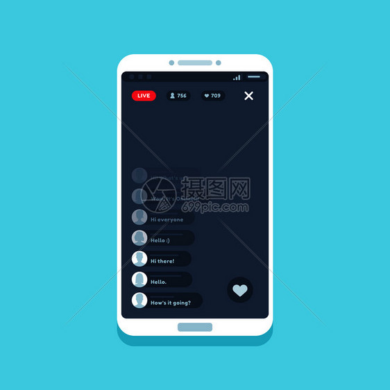 在线视频故事智能手机屏幕应用程序界面上流出互联网聊天评论生命流ui按钮设备矢量平板插图在线视频故事智能手机屏幕上流出聊天评论生命图片