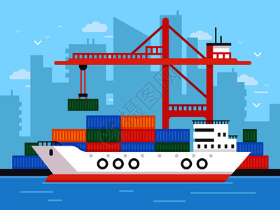 希腊 容器在码头边转满货物的轮船扁平风卡通矢量插画插画