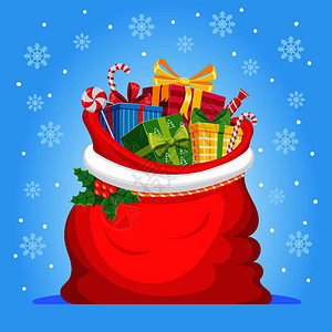 装满圣诞礼物的红色袋子扁平风卡通矢量插画背景图片