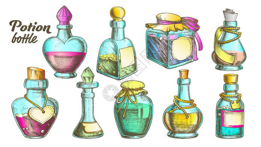 彩色水墨手绘复古玻璃瓶插画