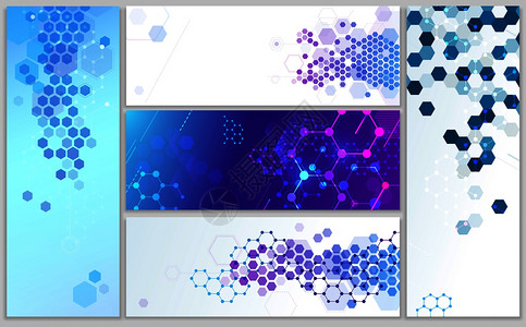 分子结构横幅抽象六边形网化学结构和dna模型科学生物医海报数据或技术矢量横幅图集抽象六边形网化学结构和dna模型科学矢量横幅图集图片