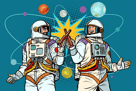 复古波普风两位宇航员朋友庆祝太空科学成就图片
