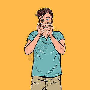 播打电话一个年轻人叫喊流行艺术回放矢量插图画着古老的装饰一个年轻