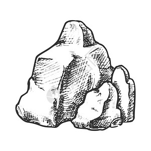 砾石坚固的花岗岩山元素自然块板刻模用古代风格黑白插图绘制岩石块粗
