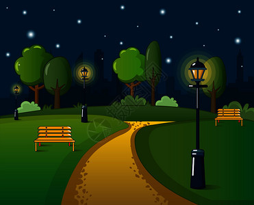 公园夜晚景色矢量卡通风格插图图片