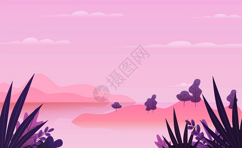 紫粉色的树木叶子山峰河流图片