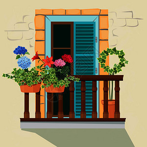 阳台花朵房屋插画图片