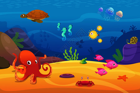 水族馆卡通鱼类海洋生物背景图片