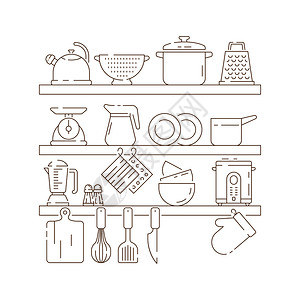 锅和美食厨房架子烹饪用品锅勺叉刀叶质矢量薄线成分烹饪锅和设备厨房