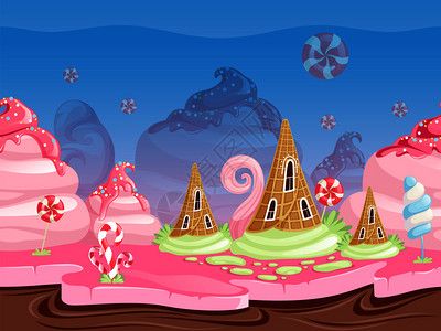 游戏幻想景观完美的背与味甜点食品糖果焦巧克力饼干矢量说明游戏甜点蛋糕冰淇淋和棒糖美味甜点食品巧克力饼干矢量说明图片