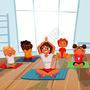 克班瑜伽儿童团体在操矢量卡通背景中与教练一起操体瑜伽姿势插图冥想