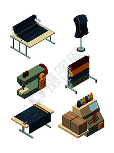 机械风格工业缝纫厂机械生产服装设备插画