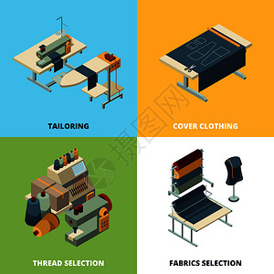 缝纫生产纺织品制造概念矢量图工业缝纫机等量度图裁缝工业制造和裁缝纺织制造概念矢量图图片