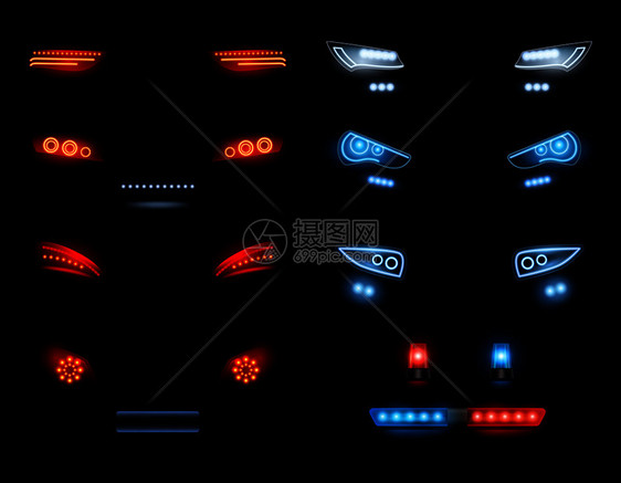 车头灯黑暗环境红色白色汽车灯光矢量图图片