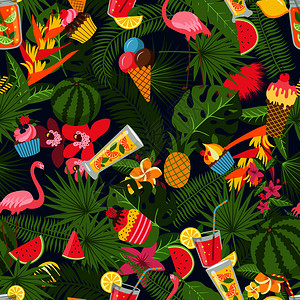 夏季元素热带火烈鸟鸡尾酒和棕榈叶背景图片