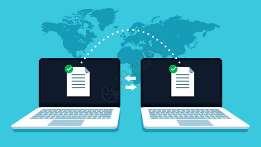 张家界地图数据传输ftp文件接收器和笔记本计算机备份副文件pc迁移网络膝上型文件共享等量矢概念笔记本文件传输ftp文件接收器和笔记本计算机插画