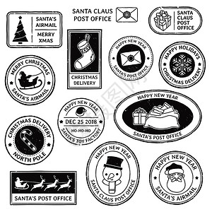 圣诞邮票古老的santclus邮戳北极暗藏处和打印邮票上的冰雪花符号xmas节假日矢量孤立符号图集圣诞节邮票戳北极暗藏处和票矢量图片