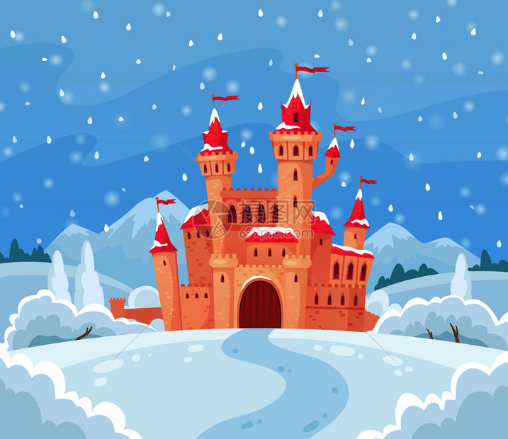 或冰公主家神奇的宫殿卡通矢量背景说明冬城堡中世纪卡通矢量背景说明