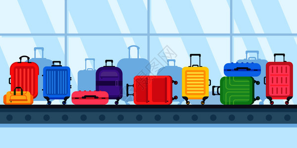 行李带式运输工具机场行李carousel旅行李箱航空飞运输工具检查袋或丢失的行李箱处理离港终点站固定矢量说明行李带运输工具航空公图片