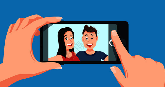 使用平板手机摄影卡通矢量插图微笑的人夫妇自拍浪漫的我肖像年轻朋友拍摄自卡通矢量插图图片