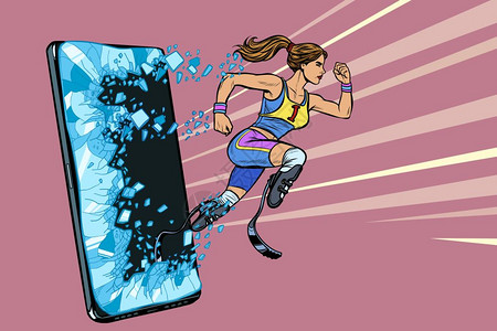 使用假肢电话的残疾女跑腿者智能手机装置在线互联网应用服务方案流行艺术回放矢量说明图绘制老式插件使用假肢电话的残疾女跑腿者智能手机图片