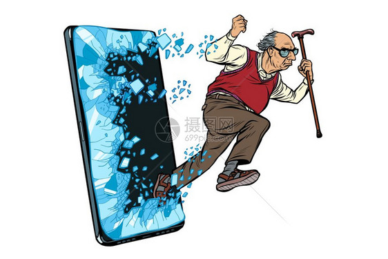 退休老人电话智能手机在线互联网应用服务方案流行艺术复式矢量图绘制老式套装手机图片