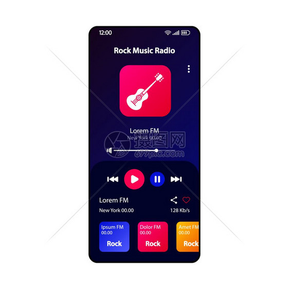 移动音频播放器应用程序页面现代设计布局专辑现场播客监听部件屏幕用于应程序的平方ui图片