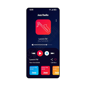 爵士电台智能手机界面矢量模板移动音乐播放器应用程序页面黑色设计布局反向歌曲专辑播放列表监听屏幕用于应程序的平面uimp3播放器电图片