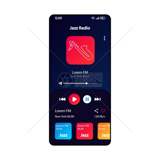 爵士电台智能手机界面矢量模板移动音乐播放器应用程序页面黑色设计布局反向歌曲专辑播放列表监听屏幕用于应程序的平面uimp3播放器电图片