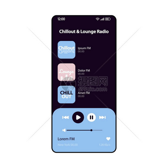 fm无线电智能手机界面矢量模板移动音乐播放器应用程序页面黑色布局在线音频播放列表轨专辑监听屏幕用于应程序的平面ui电话显示图片