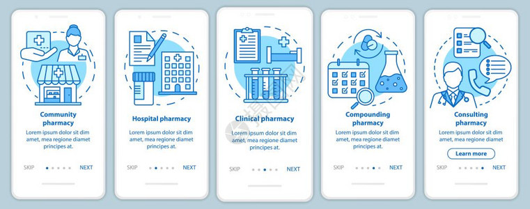 医院诊所药理学5个步行骤图示指uxi带有插图的gui矢量模板图片