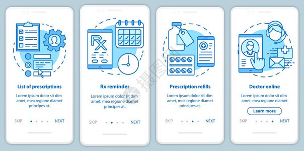 配有线概念的移动应用程序页面屏幕上的在线药房处方列表和在线药房rx再填充4步走过骤图形指示uxi带有插图的gui矢量模板图片