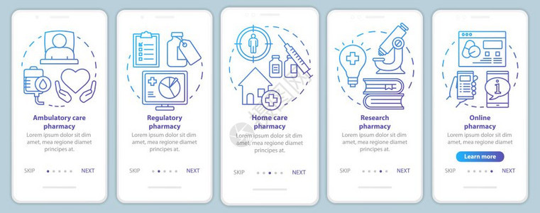 使用移动应程序网页屏幕矢量模板的移动应用程序流和家庭护理药房物研究带有线插图的通过网站步骤uxig智能手机界面概念图片