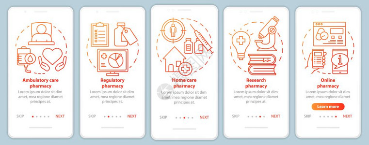 使用移动应程序网页屏幕矢量模板的移动应用程序流和家庭护理药房物研究带有线插图的通过网站步骤uxig智能手机界面概念图片