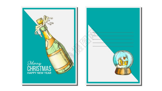 圣诞节贺卡矢量香槟瓶季节冬愿望假日概念用古典风格插图绘制的手画古典风格插图图片