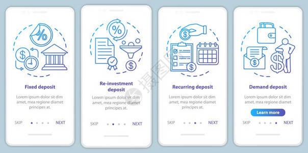 储蓄存款投资在手机应用程序页面屏幕矢量模板上不同的保存类型带有线插图的漫步式网站骤uxig智能手机界面概念图片