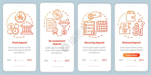 储蓄存款投资在手机应用程序页面屏幕矢量模板上不同的保存类型带有线插图的漫步式网站骤uxig智能手机界面概念图片