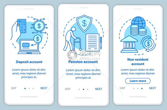 包含线概念的移动应用程序页面屏幕上的账户类型养恤金非居民账户3个步进骤图形指示uxi带插图的gui矢量模板图片