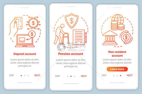 在手机应用程序页面屏幕矢量模板上注册的账户类型养恤金非居民账户带有线插图的步行式网站骤uxigsmartphone界面概念图片