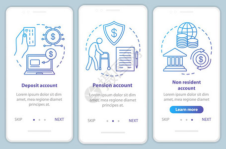 在手机应用程序页面屏幕矢量模板上注册的账户类型养恤金非居民账户带有线插图的步行式网站骤uxigsmartphone界面概念图片