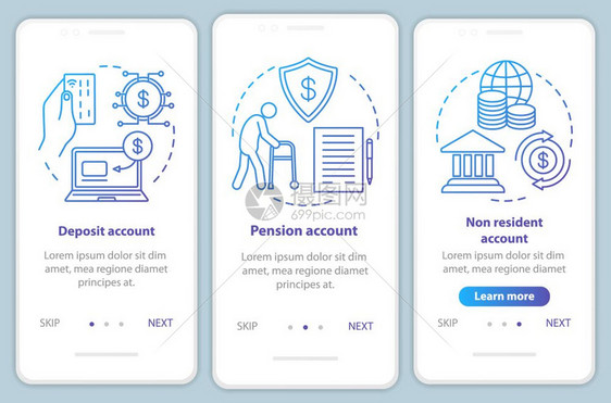 在手机应用程序页面屏幕矢量模板上注册的账户类型养恤金非居民账户带有线插图的步行式网站骤uxigsmartphone界面概念图片