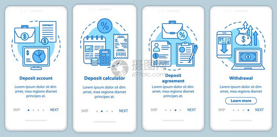 有线概念的移动应用程序页面屏幕上的银行存款账户和协议4个步走骤图形指示uxi带插图的gui矢量模板图片