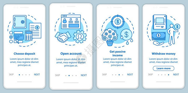 装有线概念的移动应用程序页面屏幕上的银行存款业务银行服4个步走骤图形指示uxi带插图的gui矢量模板图片
