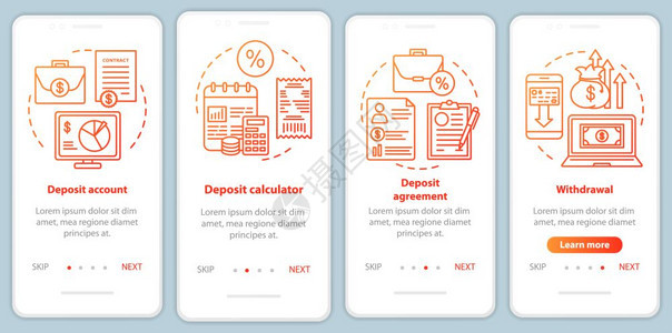 移动应用程序页面屏幕矢量模板存款账户和协议带有线插图的行进网页步骤uxig智能手机界面概念图片
