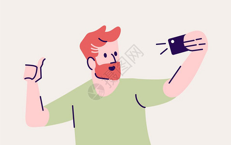 使用手机摄影的笑人在智能手机相中制作自我肖像在灰色背景上孤立的卡通人物图片
